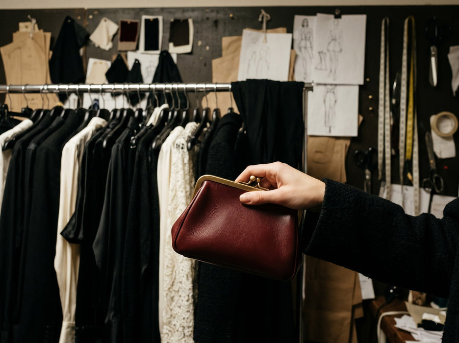 Oxblood clutch held in a dim fashion atelier