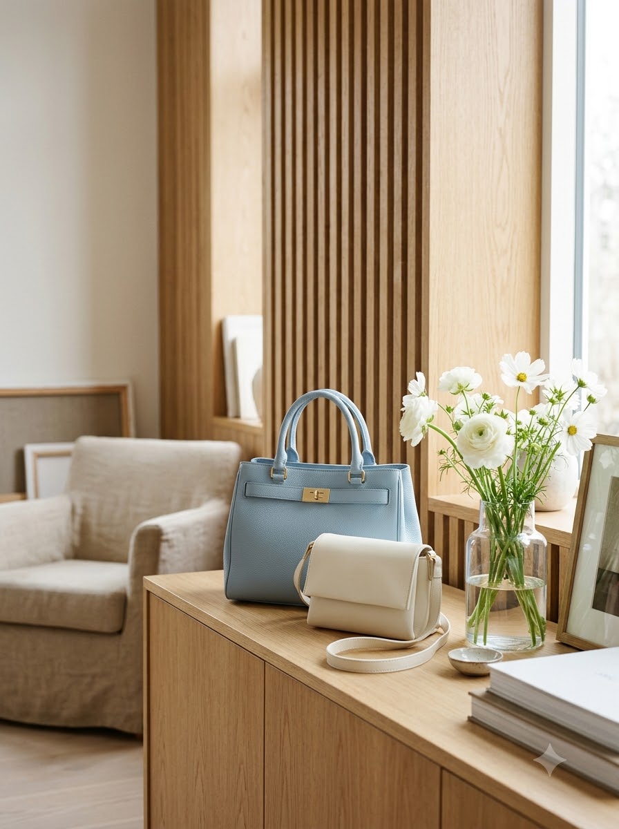 Pale blue and ivory handbags on an oak console