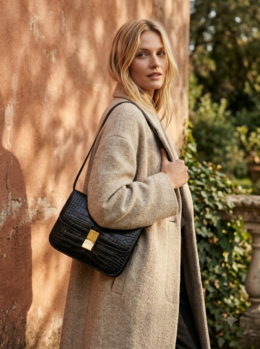 Model in an oatmeal coat with a black croc-effect shoulder bag