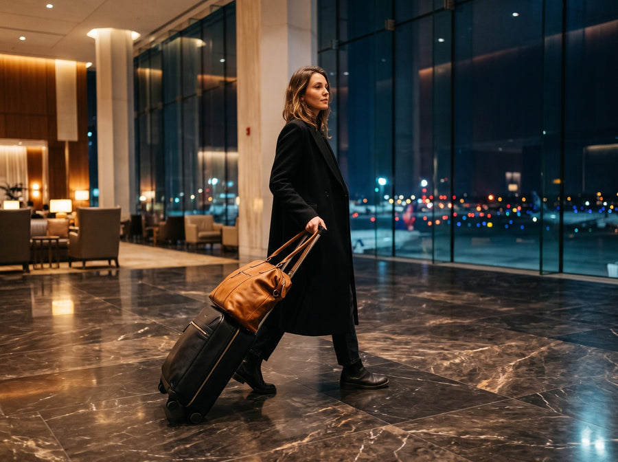 Woman travelling with a leather tote through an airport lounge