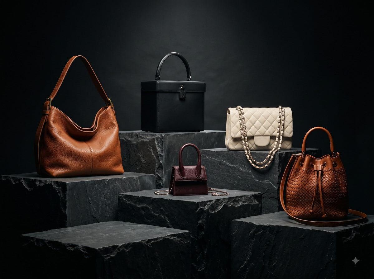 Five contemporary handbag silhouettes on stone plinths