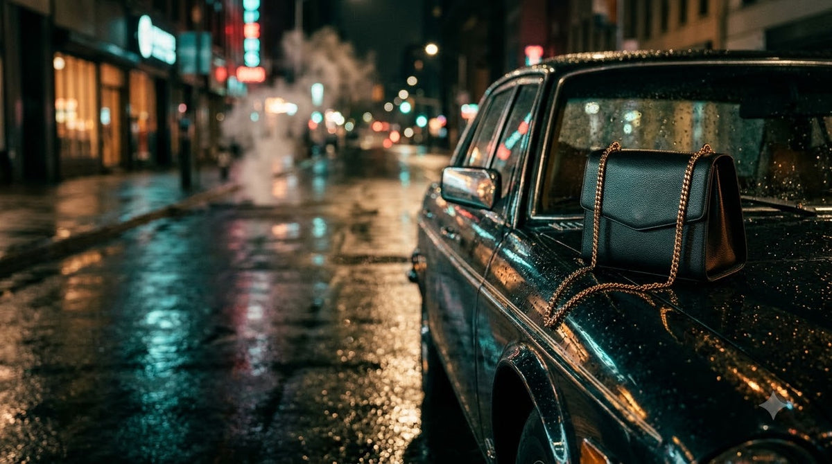 Leather evening bag on a vintage car on a rain-lit city street at night
