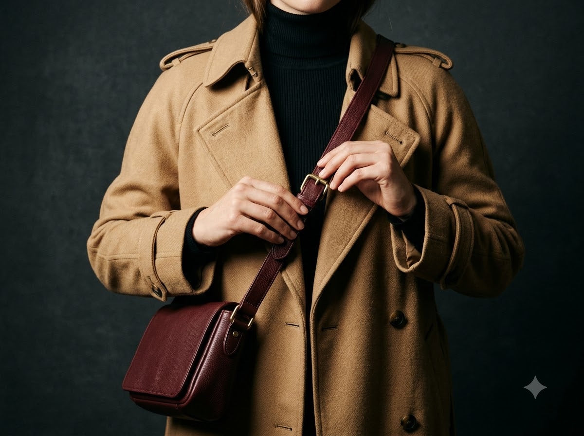 Burgundy leather crossbody bag styled with a camel trench coat