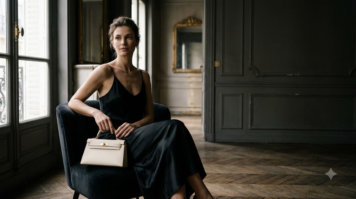 Woman in black silk with an ivory top-handle bag in a Parisian apartment