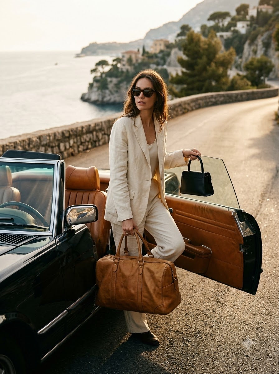 Woman in white with a tan leather bag stepping from a convertible on the Riviera coast