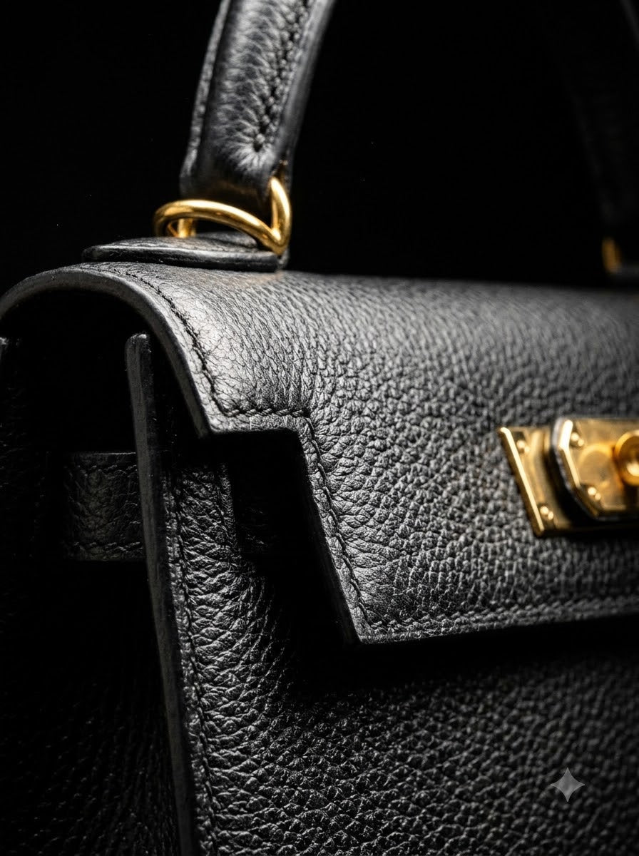 Black pebbled leather handbag with gold clasp close-up