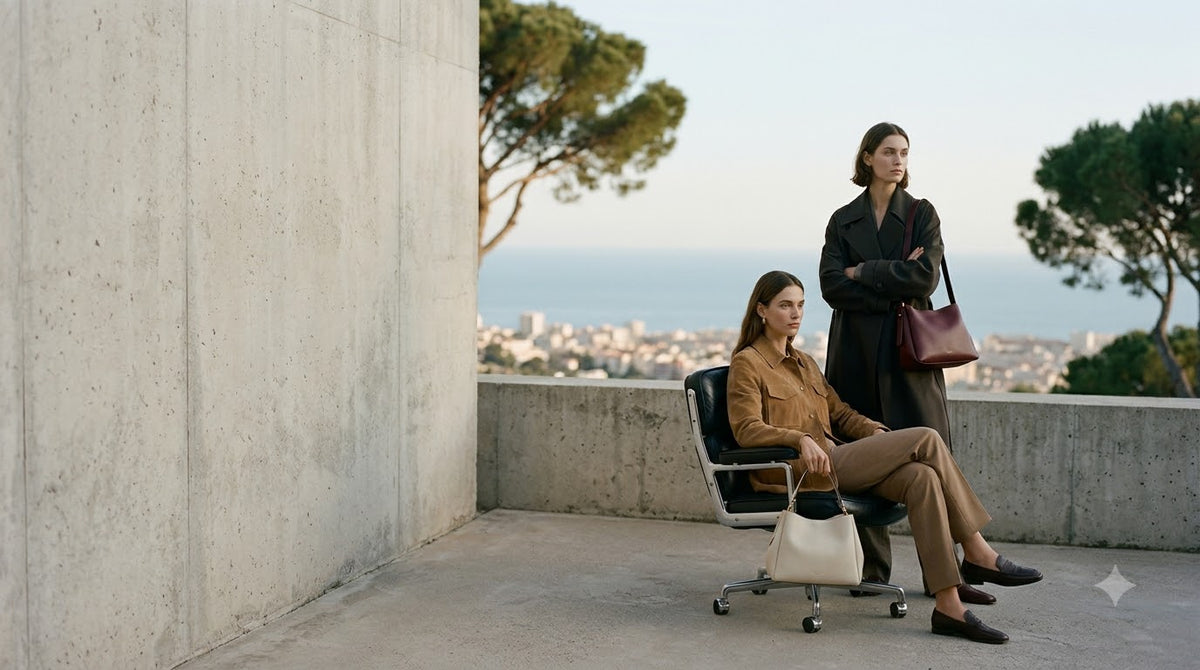 Two models with cream and burgundy handbags on a concrete terrace