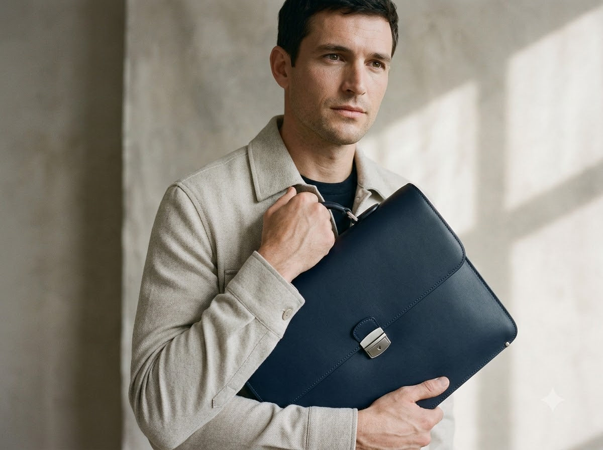Man holding a navy leather briefcase