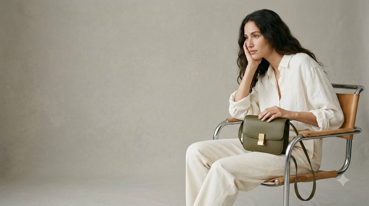 Model in ivory linen seated with an olive leather crossbody bag