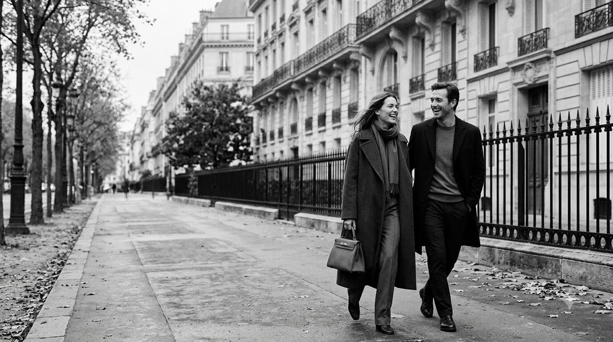 Black and white editorial of a couple walking on a Parisian boulevard with a leather handbag