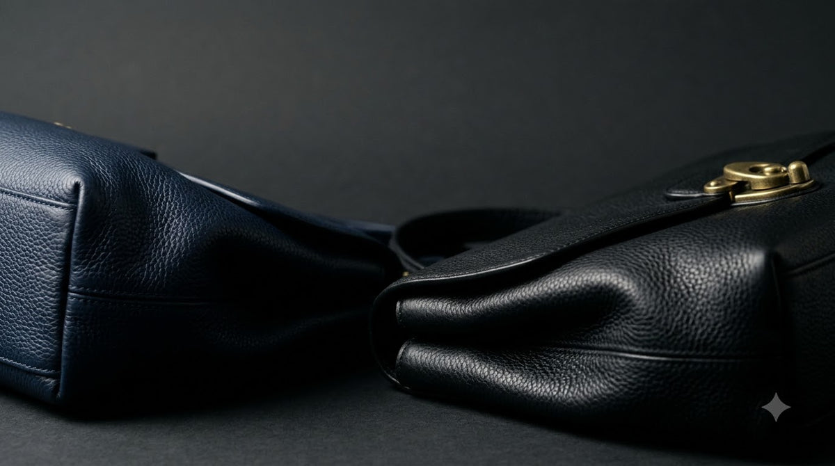 Close-up of pebbled leather handbags in dramatic light