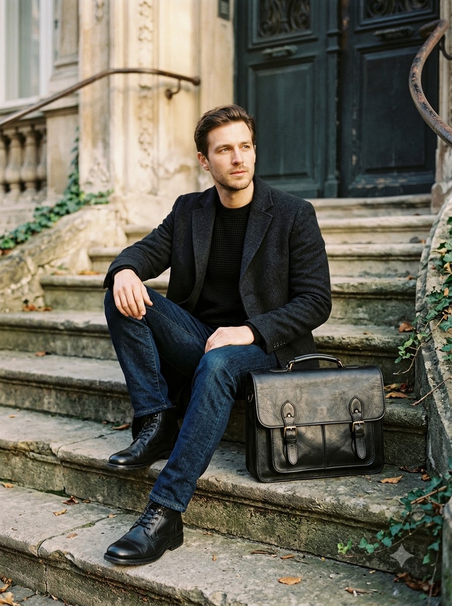 Man in a navy blazer with a leather satchel on stone steps