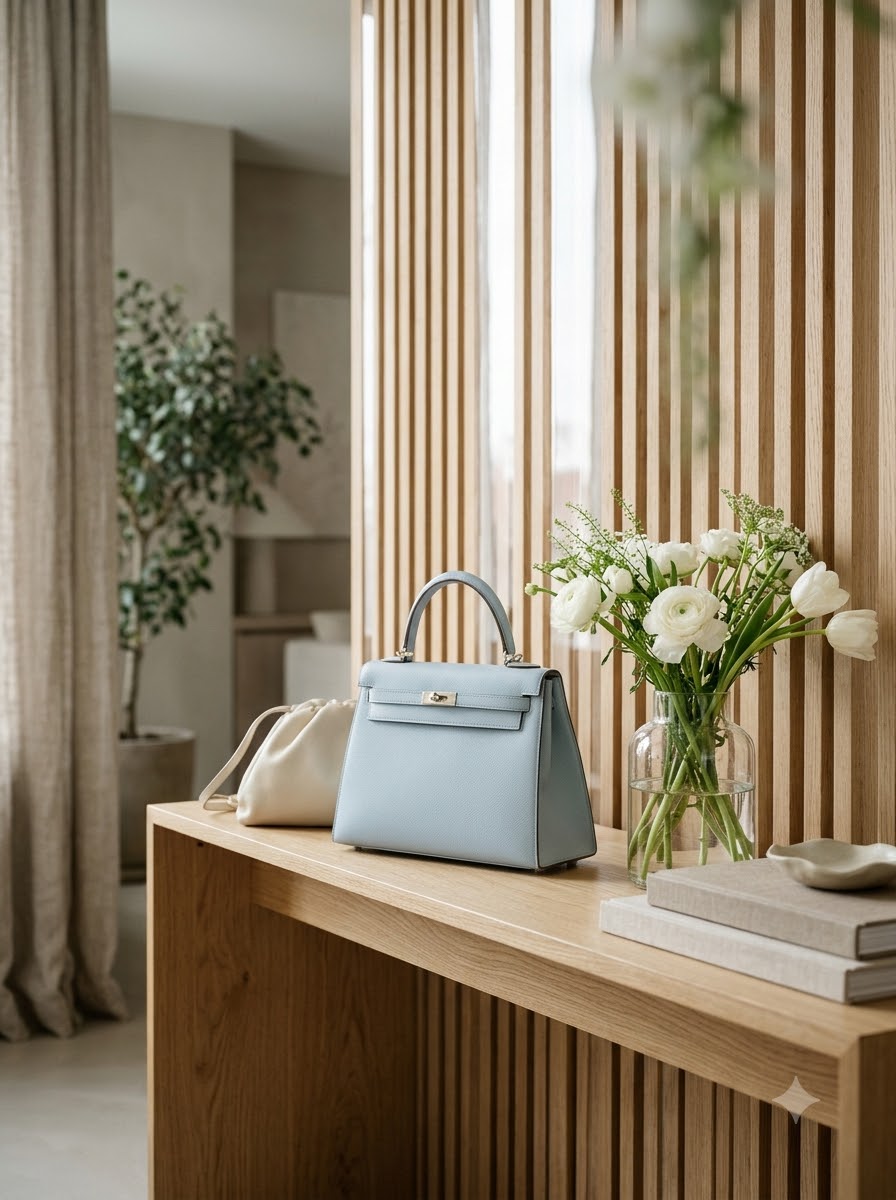 Handbags styled on a console in a light studio