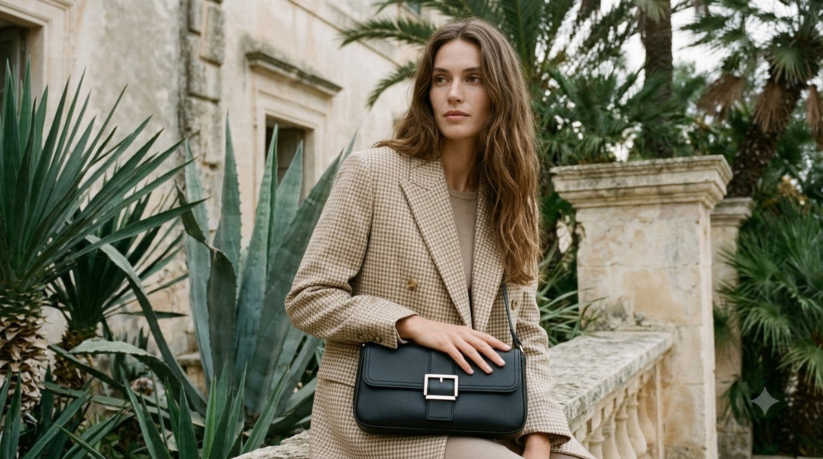 Model in houndstooth blazer with a black baguette shoulder bag among agave