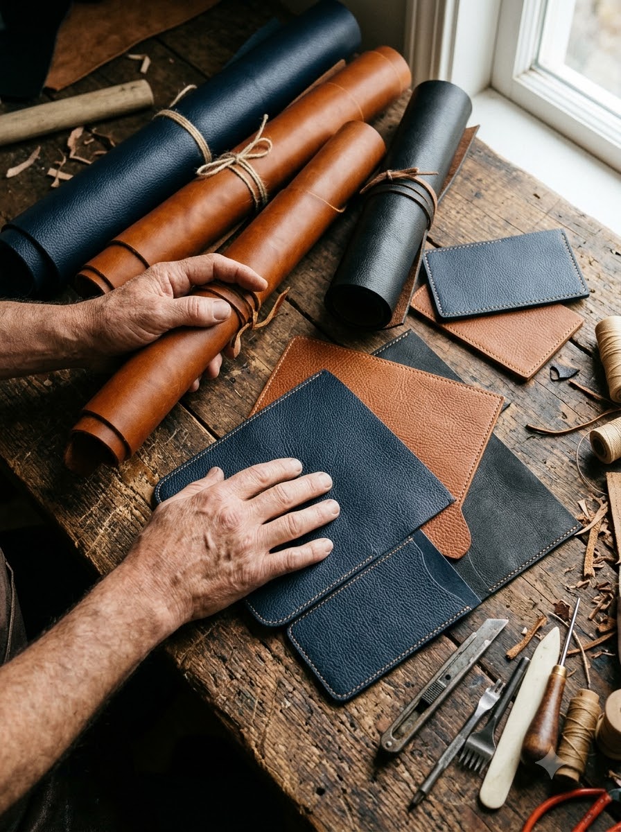 Hands selecting rolled leathers in navy, cognac and black