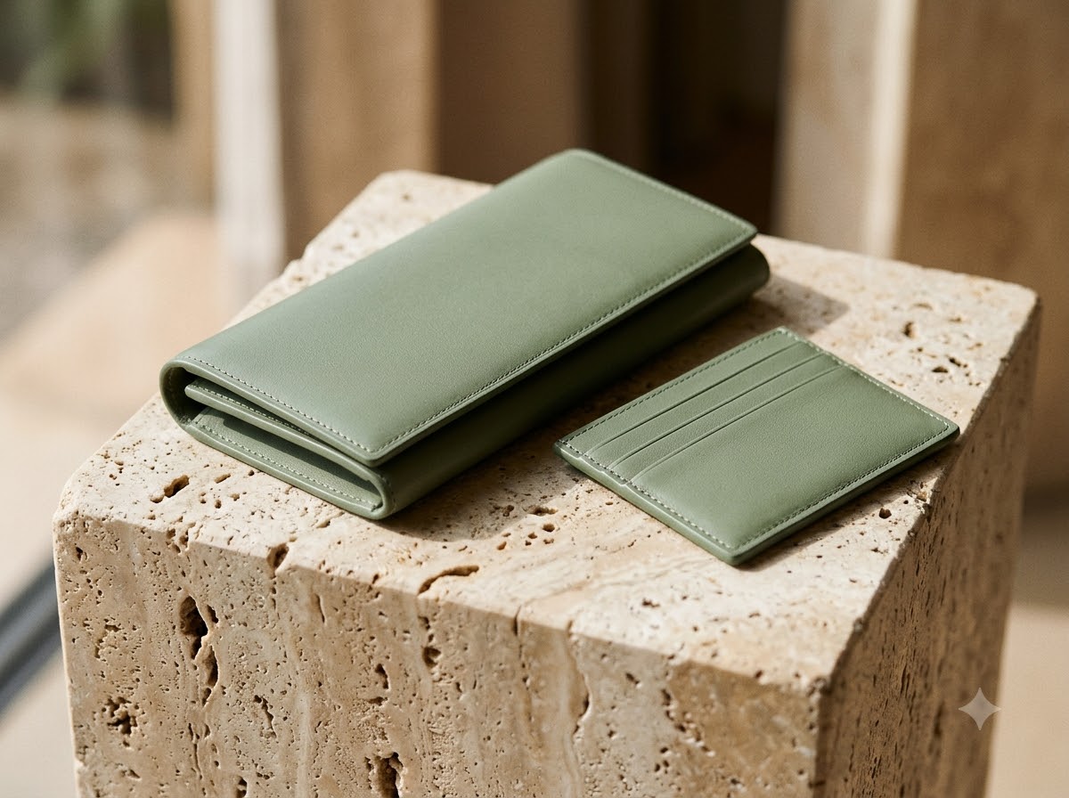 Sage leather wallet and card holder on travertine