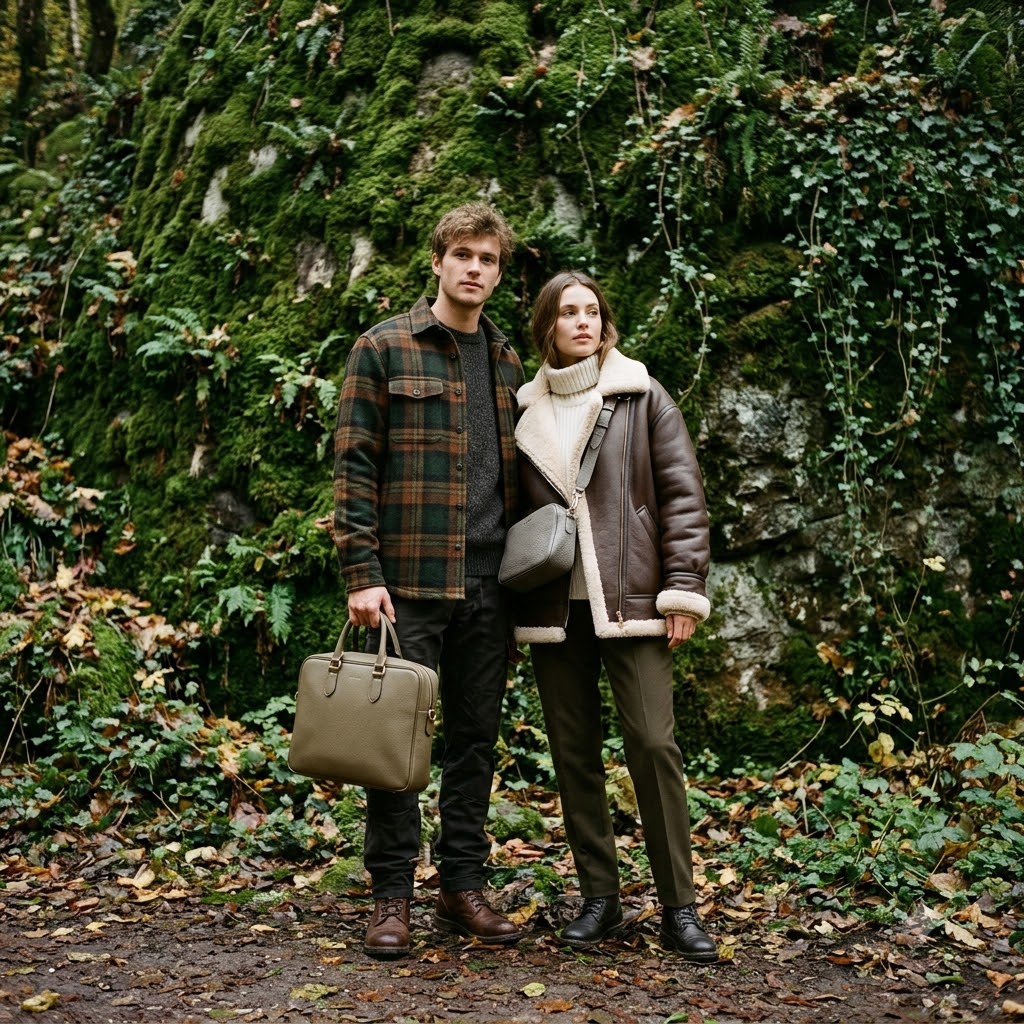 Man with a khaki briefcase and woman with a grey crossbody bag