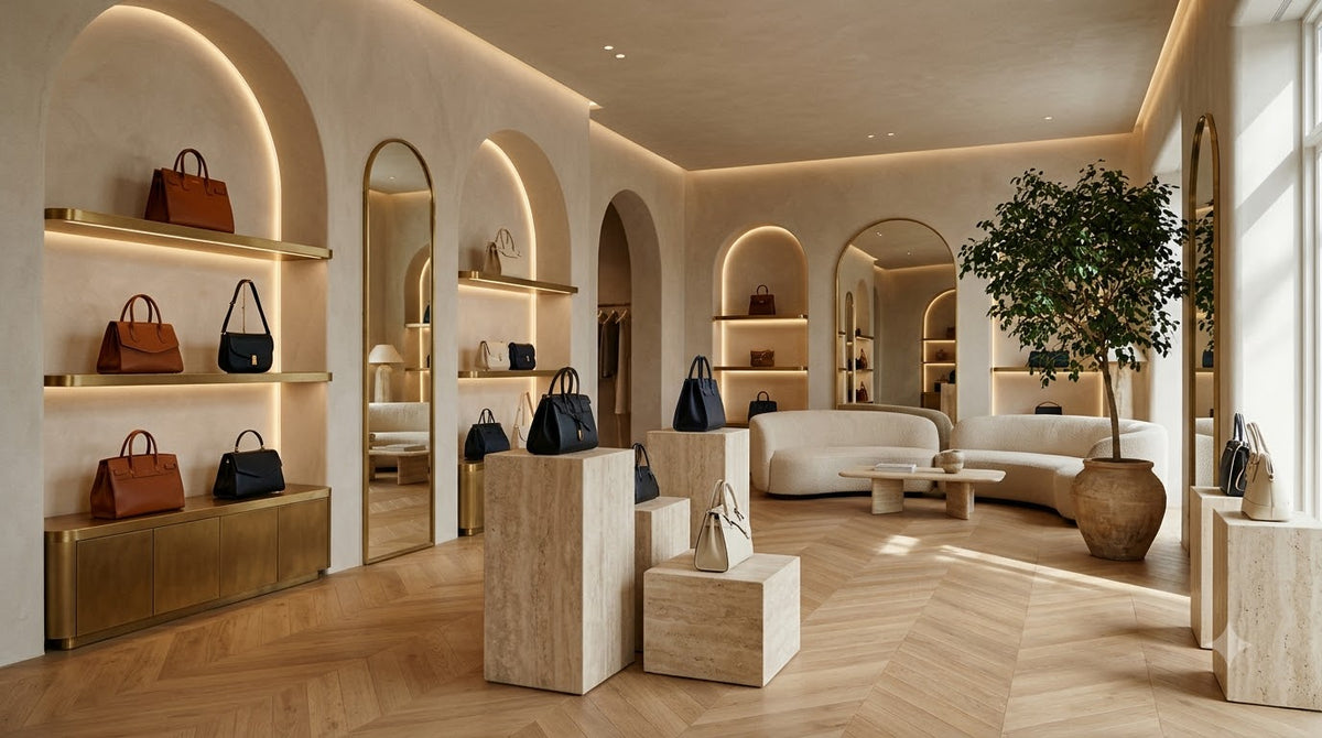 Arched boutique interior with leather handbags