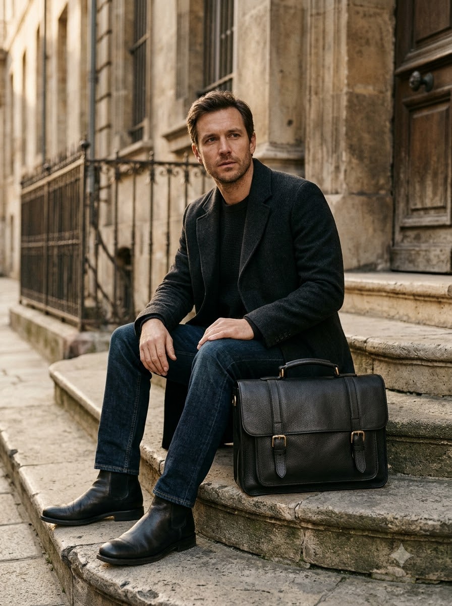 Man seated on stone steps with a black leather satchel