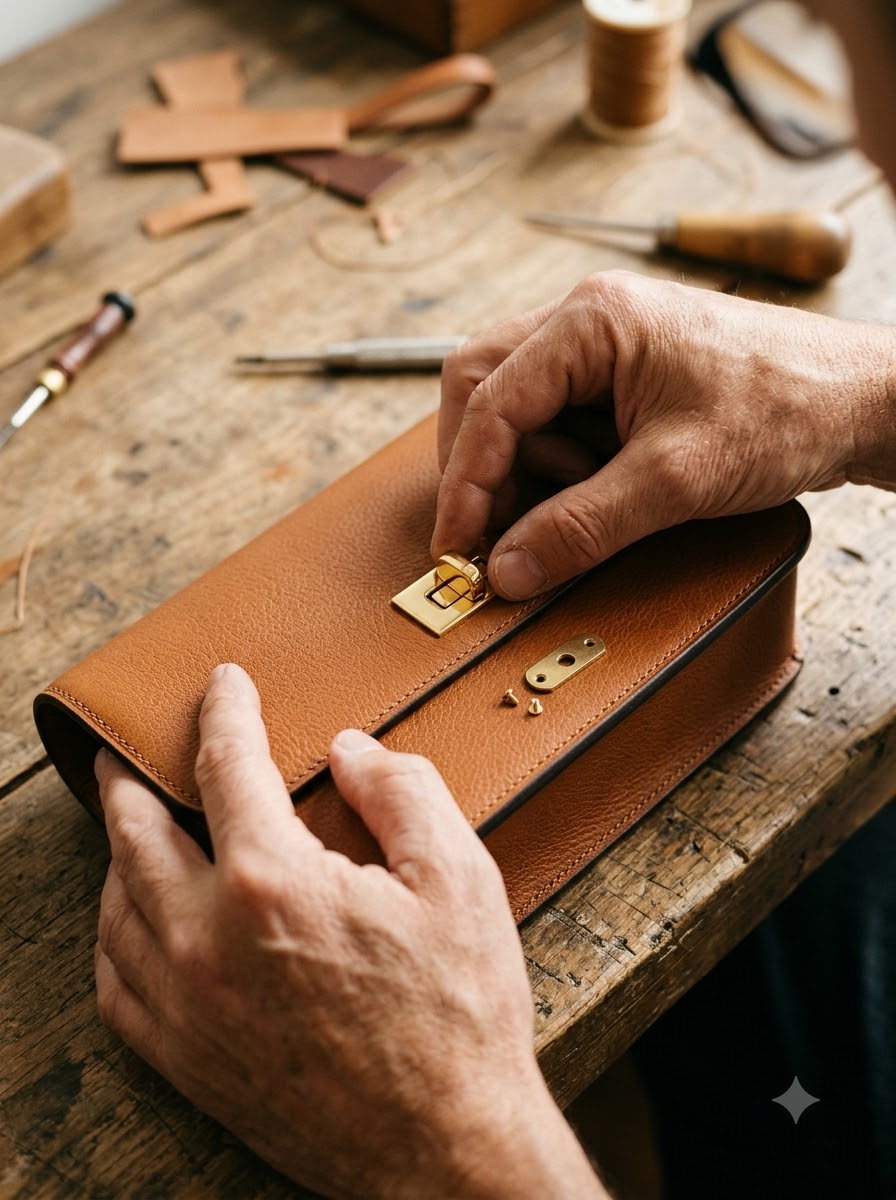 Hands fitting a gold clasp to a cognac handbag