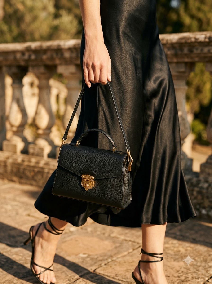 Close-up of a black shoulder bag with gold clasp carried by a model